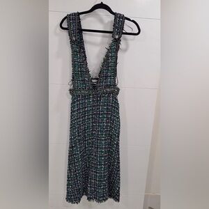 Zara Elegant Backless Tweed Dress in Green and Black